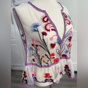 NWOT Anthropologie Floral Boho Embroidered Sheer Mesh Tank - Size Medium Petite